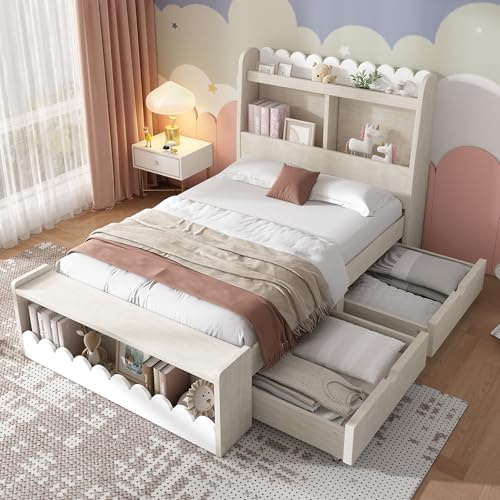 KOMHTOM Lit d'enfant en Bois avec 2 Tiroirs et Banquette de Rangement, Support à Lattes, Cadre (sans Matelas) (90x190 cm)