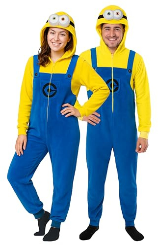 United Labels Minions Kostüm für Erwachsene, L, Gelb Blau, Jumpsuit Unisex, Overall mit Kapuze, Einteiler für Karneval Mottoparty