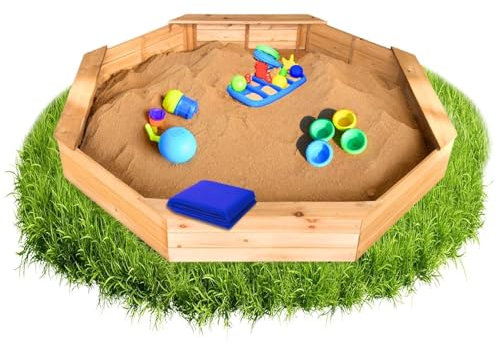 Larry L Bac à sable 8 carrés en bois marron avec bâche bleue, tapis de sol noir, 177 x 177 x 23 cm, bac à sable 4 planches de siège, bac à sable pour jardin et terrasse