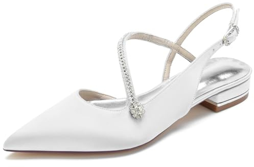 Femmes Ballerines Robe Escarpins avec Strass Fermé Bout Pointu Slingback Sandales Mariée Cheville Bride Satin Chaussures De Mariage,Blanc,39 EU
