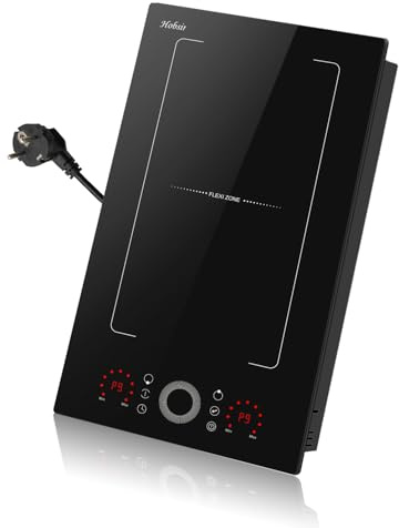 Placa Inducción 2 Fuegos Con Enchufe, Hobsir Placa De Cocina Autónoma, 30 cm Empotrable, 3500 W, Control Deslizante Redondo, Zona Flexible Para Combinados, Bloqueo De Seguridad