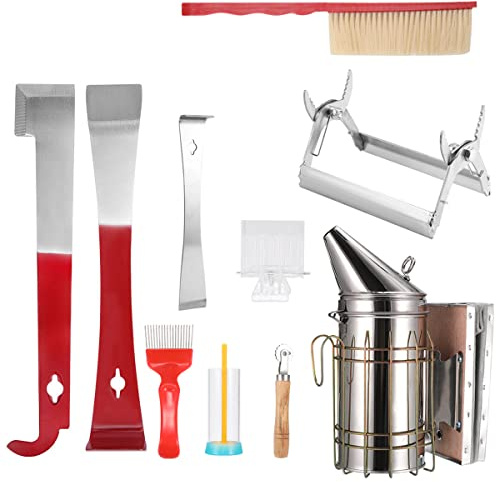 10 Pcs Beekeeping Tool Kit, Stainless Steel Beehive Starter Supplies Set with Bee Smoker, Bee Brush, Uncap Fork, Frame Lifter and Queen Catcher, Equipment Gift for Beginners & Professional Beekeepers