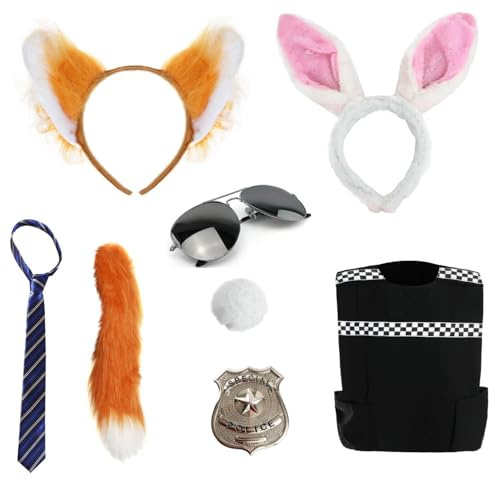 Costume per adulti per coppie di animali da città – XL – gilet della polizia, distintivo della polizia, orecchie e coda da coniglio, orecchie e coda di volpe, cravatta a righe blu e beige, set per