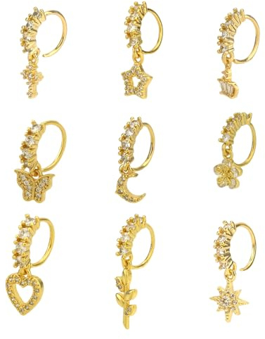 Mikovivi 9pcs Dangle Dangly Dangling Nose Rings for Women, CZ Copper Piercing Jewelry Set Leaf Crown Sun Flower Butterfly Heart Cross Hoops Stud for Septum Cartilage & Tragus (Gold)