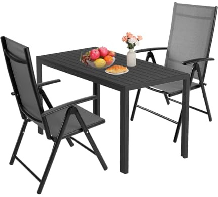 LIFERUN 3-Teiliges Gartenmöbel Set, Aluminium Balkonmöbel Set, 2pcs Verstellbare Hochlehner Klappstühle +110x70cm WPC Wetterfest Rechteckiger Terrassentisch,Essgruppe Sitzgruppe Outdoor, Schwarz