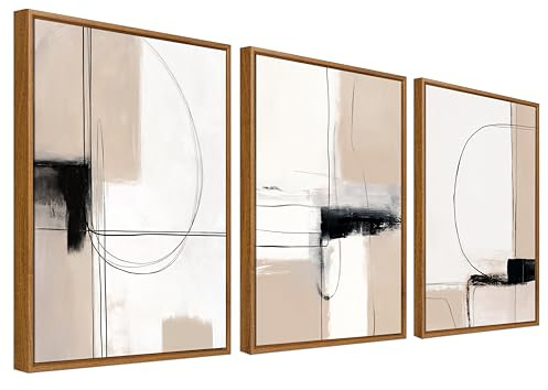 Framed Canvas Wall Art Set of 3 Geometric Lines Abstract Painting Prints for Wall Poster Khaki Beige Black Minimalist Pictures for Living Room Bedroom Hallway 40x60cm x3pcs (No Acrylic Glass)
