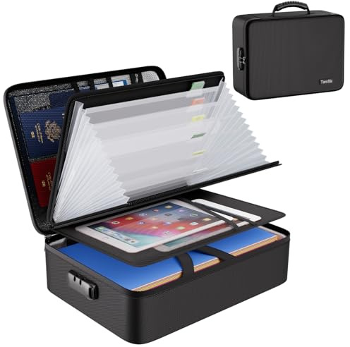 Tamfile Boîte à documents ignifuge avec serrure et 8 poches en accordéon A4, boîte de rangement portable avec étiquettes pour passeports, certificats et objets de valeur, noir