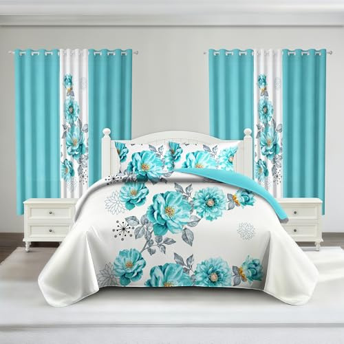Deepsleep King Bedspread Set 9 Pieces, All Season Luxury Bed in a Bag for Bedroom, with 2 Pillowcases and 6 Curtains, Ultra-Soft Microfiber for Complete Bedroom Decor,Queen Size Sapphire Flower