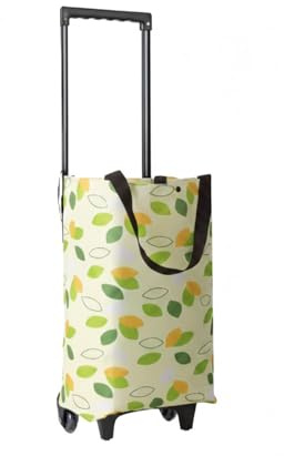 2-in-1 Foldable Shopping Bag with Wheels, Foldable Shopping Cart with Telescopic Handle, Reusable Eco-Friendly Shopping Bag for Women & Seniors(Green Leaves)