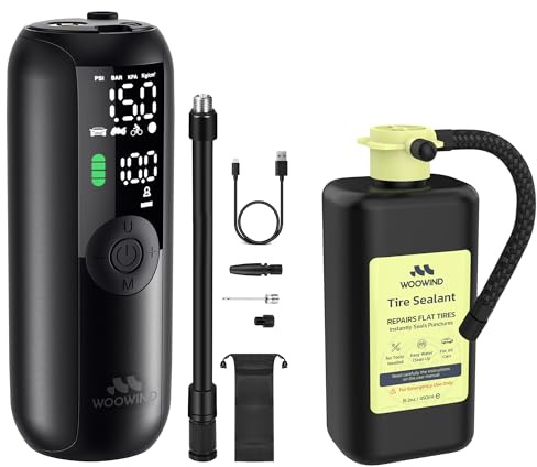 Woowind Compresor Aire Portatil 150PSI/10,3Bar, Bomba Bicicleta, Inflador Ruedas Coche, Hinchador Ruedas Coche, Apagado Automático + Woowind Tire Sealant Pro Sellador de Neumático Paquete