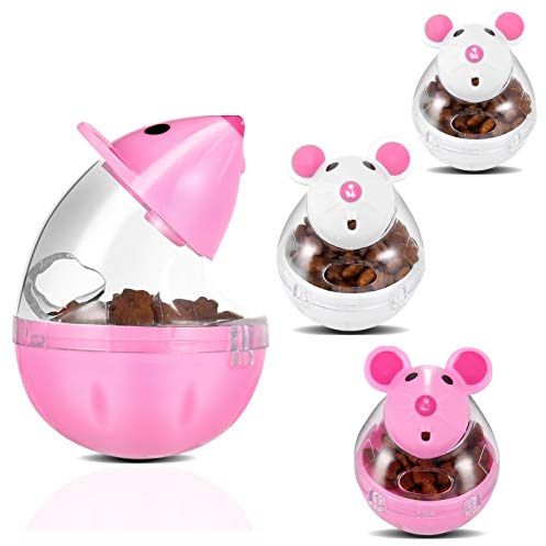 Angirlish Cat Food Ball Dispenser - 4 Pcs Slow Feeder Mice Shaped Tumbler Toy for Interactive Training (Pink, White)