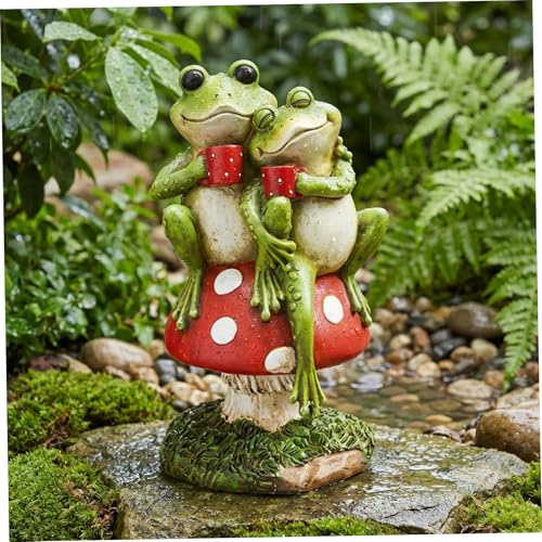 Latemeia Statua da giardino a forma di rana, Affascinante statua da giardino con coppia di rane su fungo per arredamento da esterno, scultura in resina dipinta a mano per decorazioni da, statuetta, s