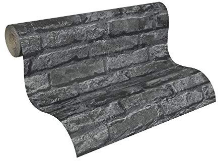 Lutéce Papiertapete Dekora Natur Ökotapete Tapete in Stein Optik fotorealistische Steintapete Backstein 10,05 m x 0,53 m grau schwarz Made in Germany 954701 95470-1