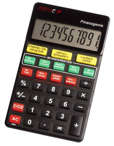 Genie Finanzgenie 10-stelliger Taschenrechner (Knopfdruck zu Zinsen; Laufzeiten; Raten; Ansparungen; Sparsummen) schwarz