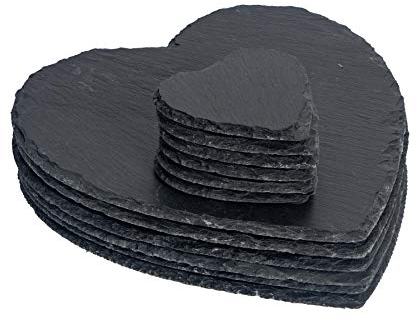 Argon Tableware 12 Piece Heart Slate Placemats & Coasters Set - Black Natural Stone Dinnerware Plate Placemats Drink Mats for Kitchen, Home, Bar, Restaurant, Weddings, Events