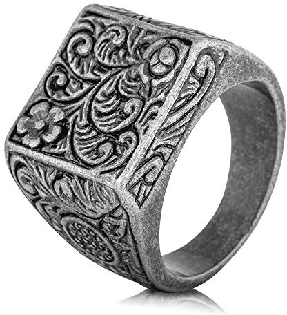 Akitsune Floris Ring | Bague Design Femmes Hommes Acier Inoxydable Grand Sceau Floral ornemental - Noir Mat