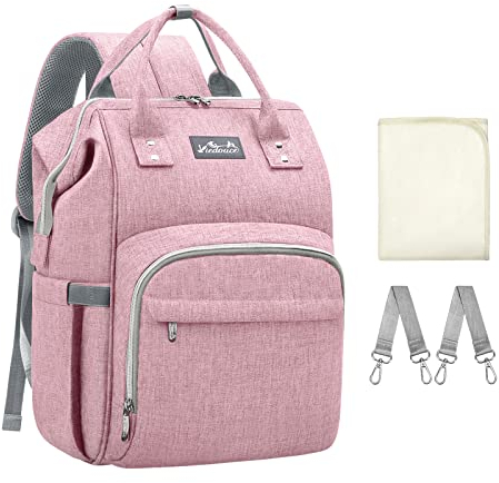 Viedouce Sacs à Dos à Langer Pour Bébé Sac de Voyage,Sac à Couches Imperméable Oxford Sacs,Grand Capacité Sac à Dos avec 1 Matelas à Langer et 2 Sangles de Poussette (Bois de rose)