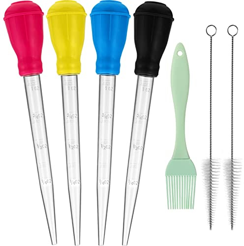 BOAO 7 Pcs Large Turkey Baster Set for Cooking with Basting Brush and Brush | 4 Pcs 11 x 2 Heat-resistant Turkey Baster Syringe, Essential Thanksgiving Cooking Tool, Mark Design for BBQ, Baking, Turkey