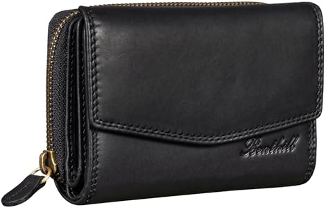 Benthill Portemonnaie Damen Leder - RFID Echtleder Geldbörse - Vintage Portmonee - Münzfach mit Reißverschluss, Farbe:Schwarz