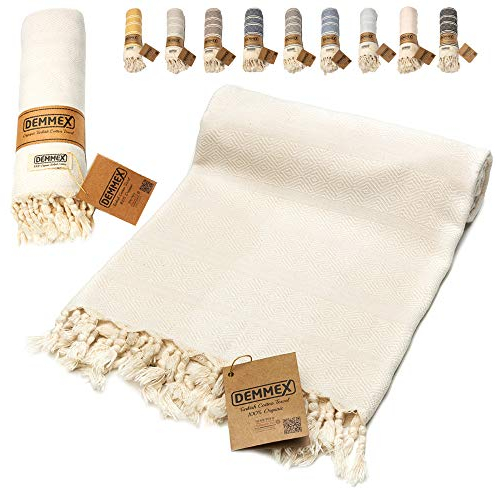 DEMMEX Hammam-Peshtemal Handtuch aus Bio-Türkischer Baumwolle – Leicht, Saugfähig & Schnell Trocknend, Sandabweisend, Strand- und Badehandtuch, 180x90 cm (Weiß)