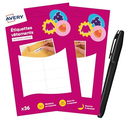 Avery étiquettes autocollantes Vêtements Blanches avec Marqueur – Lot de 72 (2 x 36) – Format 1,3 x 4,5 cm – autocollant Personnalisables, Résistant et Lavables pour Enfants