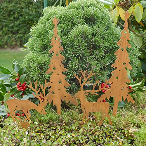 Storm's Gartenzaubereien Gartenstecker Hirsch mit Tannen 4er Set - Weihnachtsdeko in Rostoptik zum Stecken 20-35cm groß - Gartendeko