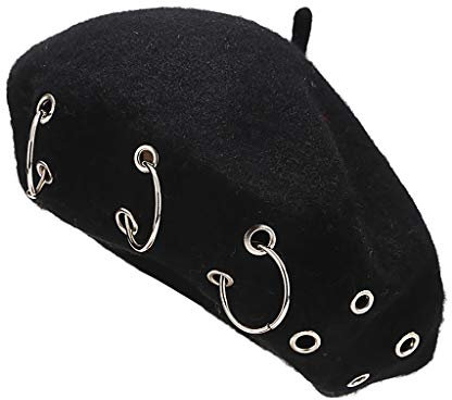 Béret en laine pour femme avec anneaux style français classique artiste peintre chapeau léger doux vintage, Noir, taille unique