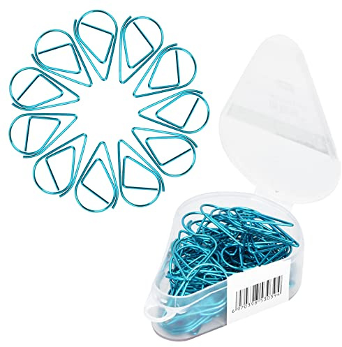 Clip de Papel -50pcs Clips de Metal Forma de Gota de Agua, Pequeña Clips de Carpeta, Caja Clips Marcado de Documentos, Organizador de Clips para Oficina Escuela Hogar-25 * 16mm (Azul)