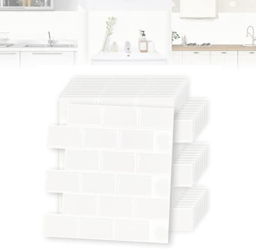 ACXIN 30 Stück Fliesenaufkleber für Küche Bad - PVC 3D Klebefliesen Startseite Dekore, Schälen und Kleben, 30 x 30cm (Reines Weiß Glänzende Fliese)