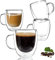 Double Walled Glass Coffee Mugs, Set of 4 Clear Glass Coffee Mugs with Handle, 350ML Glass Tea Cups, Insulated Coffee Mug for Latte, Cappuccinos, Hot/Cold Drink, Blacktea