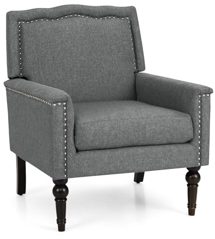 COSTWAY Sessel, Lesesessel mit Dicker Polsterung, Beinen aus massivem Gummiholz, Fernsehsessel, Polstersessel für Wohnzimmer, Schlafzimmer, Grau