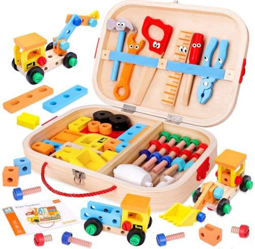 MindPal 45 Pcs Kids Tool Set, Toddler Tool Set with Tool Box, STEM Construction Preschool Educational Toys for Age 3 4 5 6 7 Boys Girls, Wooden Tool Kits Toys, Christmas Birthday Present for Kids