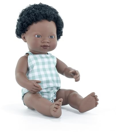Miniland Baby Doll African Boy 38cm. Made in Spain with vanilla scent. Anatomically correct. My Friends & Me collection