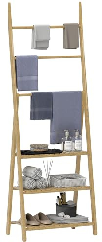 HOMCOM Scaffale Bagno con Porta Asciugamani, Mobile Bagno a 3 Ripiani con 3 Barre Portasciugamani Autoportante e Pieghevole, Legno di Bambù