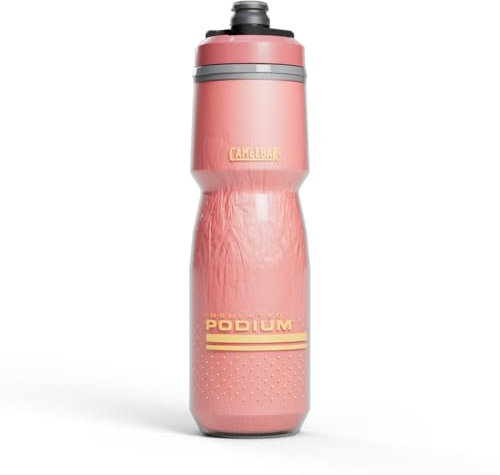 CamelBak Podium Chill Bouteille d'eau isotherme de 710 ml – Facile à presser – S'adapte à la plupart des cages de vélo, coucher de soleil corail