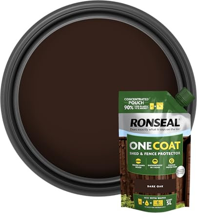 Ronseal One Coat Shed & Fence Refill Pouch Dark Oak 950ml Concerntrate - Mix with Water to Make 5 Litres of Paint for Effortless Coverage and Long-Lasting Protection