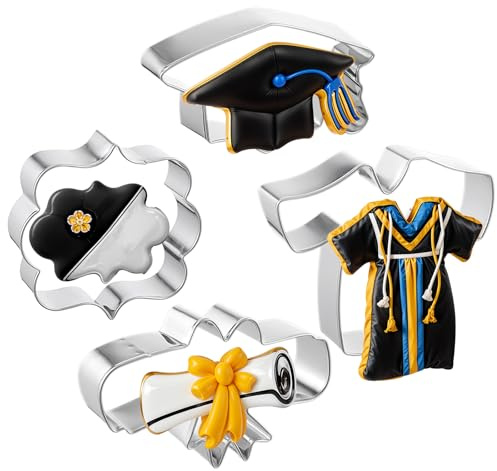 Graduation Cookie Cutters 2025-4 Pieces Set, Stainless Steel Graduation Cap Cookie Cutter, Gown, Diploma, and Star for Graduation Celebration Party, Perfect for Baking and Crafting
