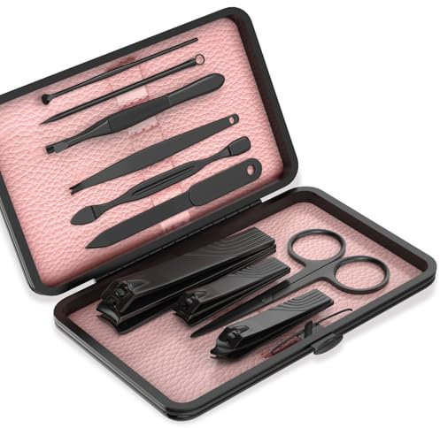 ZIZZON Mini set da viaggio per manicure 10 in 1, in acciaio inox, kit per la cura della pedicure con custodia (nero/rosa)