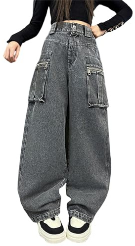 Baggy jeans flickor breda ben ungdomar jeans hög midja hip hop fritidsbyxor Y2k byxor bekväma träningsbyxor med fickor streetwear casual jean barn utomhus byxor breda