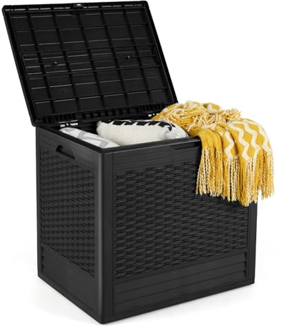 COSTWAY Baule da Esterno 96 L, Cassapanca Contenitore Impermeabile con Effetto Rattan, Coperchio Bloccabile e Maniglie, per Giardino, Patio e Piscina, 58 x 43,5 x 53 cm (Nero)