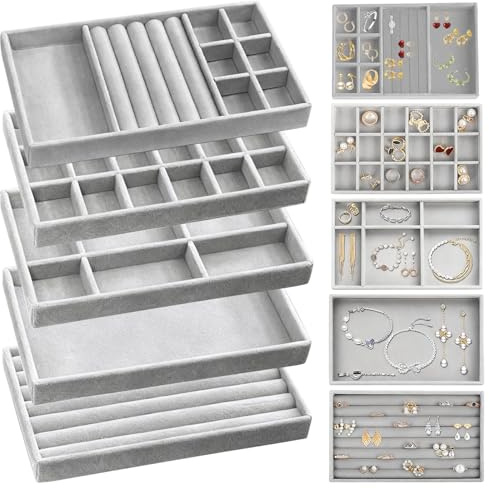 Sotbnna Jewellery Organiser, Jewellery Tray, Earring Storage,5 Pcs Stackable Velvet Trays, Drawer Insert Display Case for Earrings, Rings, Necklaces, Bracelets,Gift for Women,Girls (Grey)