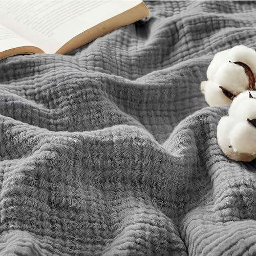 BEDSURE Musselin Decke 100% Baumwolldecke - Tagesdecke, Grau, 130x150 cm