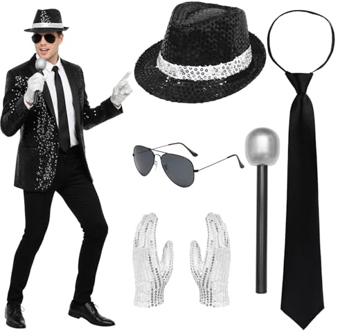 Xerteam 5 st popstar kostym 80-tals rockstar outfit cosplay för vuxna hatt med paljetter handske slips solglasögon mikrofon King of Pop utklädnad för karneval halloween