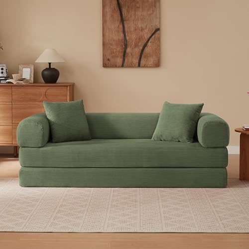 kowdom Bäddsoffa, hopfällbar soffa, 3-sitsig – boneless soffa, kan omvandlas till sovsäng, tatami-golvsoffa med kallt skum, ingen konstruktion för vardagsrum (grön)