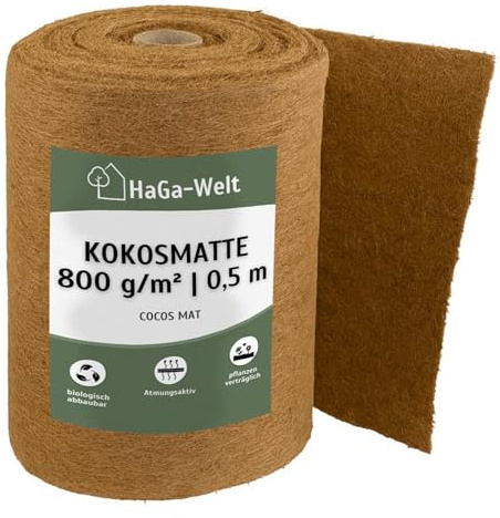 HaGa® Kokosmatte 0,5m x 25m mit 800g/m² – einseitig mit Naturlatex besprüht – Winterschutz und Kälteschutz für Pflanzen – Naturprodukt 100% biologisch abbaubar
