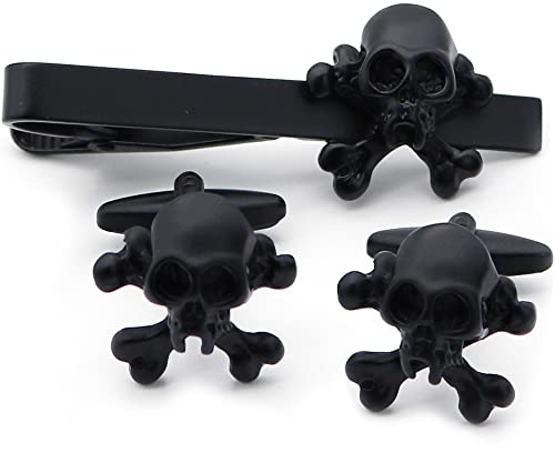 Black Skull & Crossbones Cufflinks and Tie Bar Set - Gothic Pirate Style Metal Tie Clip & Cuff Link Set for Men, Wedding & Business Formal Wear Accessories with Gift Box