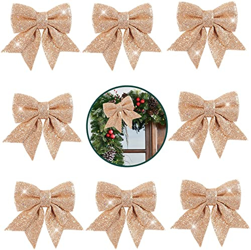 POPOYU Lot de 8 nœuds décoratifs pour sapin de Noël - Or rose - Nœuds et rubans décoratifs à paillettes - Décoration de sapin de Noël pour la maison, festival, fête, couronne d'arbre de Noël