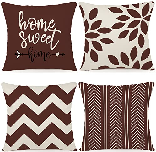 ZWJD Kissenbezug 40x40 4er Set Dekokissen Kissenbezüge Dekoration Outdoor Kissenbezüge Leinen Dekokissen für Schlafzimmer, Sofa, Stuhl, Bett, Garten (40 x 40 cm,Kaffee)