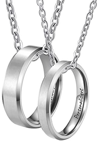 partnerkedja i rostfritt stål med ring, 2 stycken partnerkedjor för honom borstad, silver för kvinnor och män (bredd 4/6 mm, längd 60 cm/50 cm, dam 54 herr 62), Rostfritt stål, Ingen zikonia