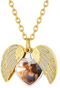 Custom4U Memorial Engelsflügel Medaillon Gold für Damen Frauen Andenken Zirkonia Herz Medaillon Halskette mit Gravur Foto Bilder Schutzengel Flügel Amulett Gold zum Öffnen für Bilder